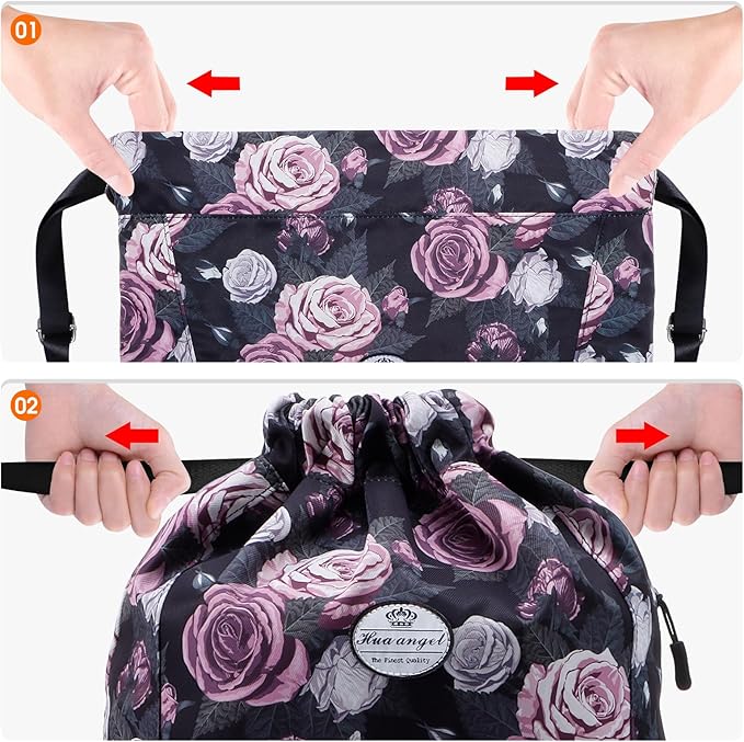 HUA ANGEL Floral Print Drawstring Bag - Lightweight Waterproof Cinch Sackpack with Side Pocket for Men & Women Travel Gym Bag