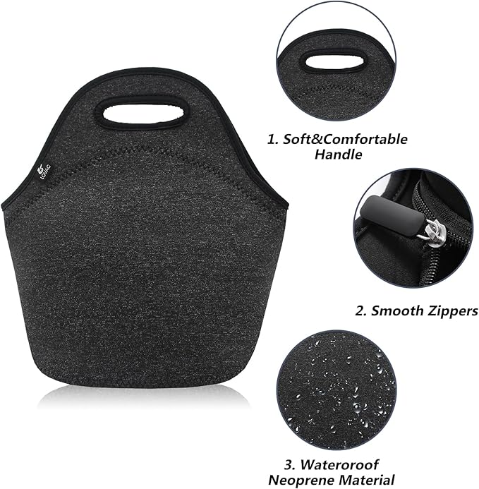 LOVAC Neoprene Lunch Bag for Men,Insulated Lunch Tote,Durable and Waterproof Lunch Bag,Reusable Soft and Lightweight (Black)