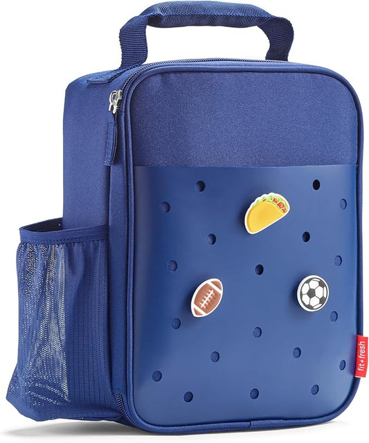 Fit & Fresh Charm Lunch Bag For Kids, Thermal Insulated Lunch Box For Kids Boys & Girls With Shoe Charm Slots For Personalization, School Lunch Box, Navy Blue