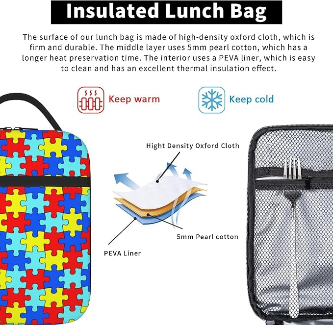 Colorful Puzzle Rainbow Piece Insulated Lunch Bag Reusable Cooler Lunch Box Portable Leakproof Thermal Container Tote Bags for Girls Boys School Travel