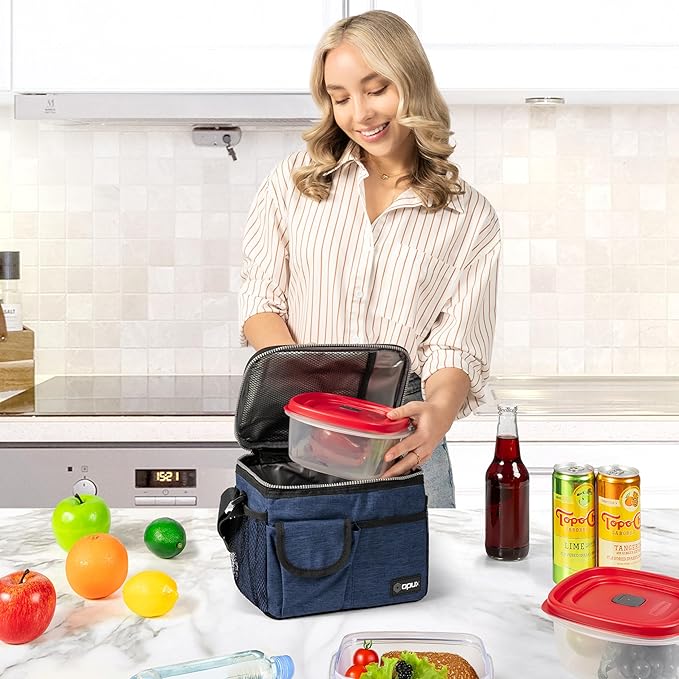 opux Insulated Lunch Bag for Men Women, Leakproof Heather Navy Lunch Box for Work, Portable Soft Lunch Cooler Bag with Shoulder Strap, Adult Lunchbox Lunch Pail for Kid Boy Girl School, 14 Can/8L