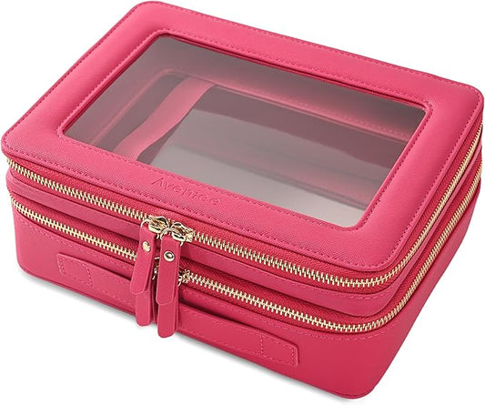 Aveniee Clear Makeup Bags, Double Layer Cosmetic Bags with a Separate Brush Compartment, Large Travel Toiletry Bag Train Case for Women, Travel Accessories Organizer(2 Layers Large, Hotpink)