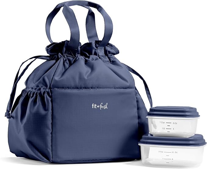 Fit & Fresh Lunch Bag For Women, Insulated Womens Lunch Bag For Work, Stain-Resistant Large Lunch Box For Women With Containers, Cinch Closure Cromwell Bag, Navy