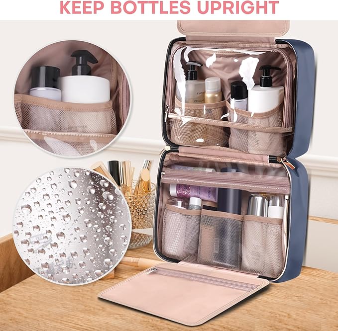 Travel Size Toiletry Bag for Women, Portable Cosmetic Bag with Hanging Hook, Travel Essentials Water-resistant Makeup Organizer for Accessories, Shampoo, Full-size Container, Toiletries