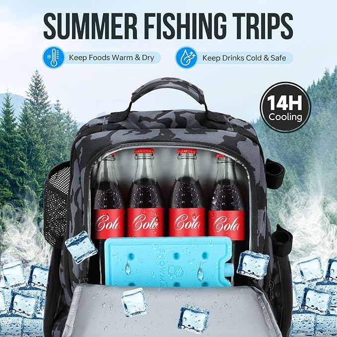 PLUSINNO Cooler Fishing Backpack with Rod Holders 45L Large Water-resistant Fishing Tackle bag Store Fishing Gear Fishing Gifts for Men Father