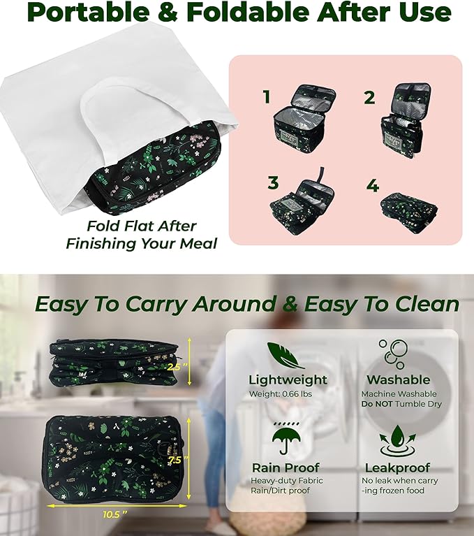 SUNNY BIRD Insulated Lunch Bag with Foldable and Leakproof Design, Thermally Insulated, Shoulder Strap for Women, Men and Teen (Floral & Foliage)