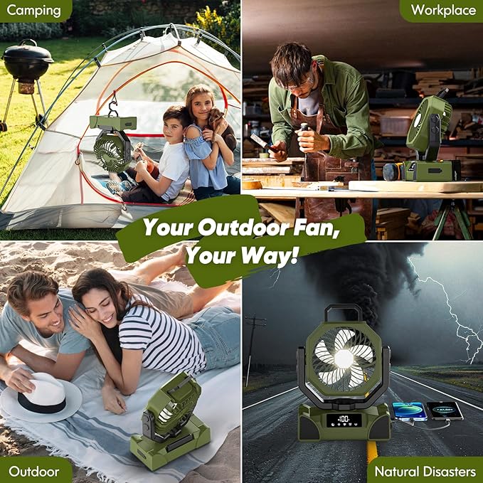 Portable Rechargeable Fan, 20000mAh Battery Powered Fan with LED Light, Camping Fans for Tent Remote Control, 5 Speed & Hook, 10-inch Outdoor Cordless Fans for Travel,Home, Beach, Power Outage - Green