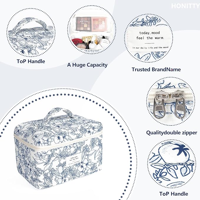 Makeup Bag,Quilted Cosmetic Bags,Large Floral Make Up Bags for Women, Makeup Organize,Flower Travel Toiletry Bag