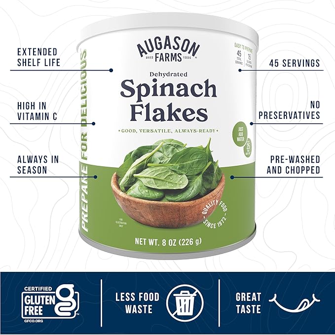 Augason Farms Dehydrated Spinach Flakes Can, Emergency Food Supply, Everyday Meals, 45 Servings