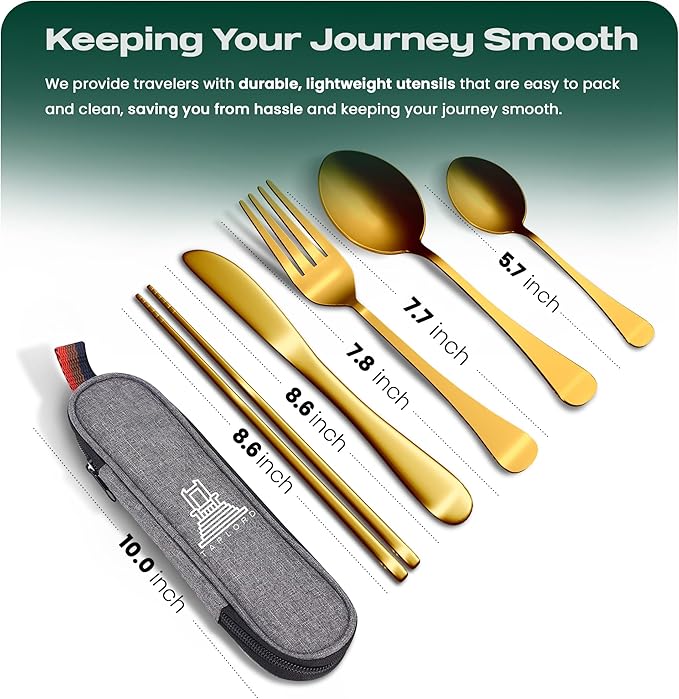 Portable Travel Silverware Set With Case, Includes 5 Pcs of Travel Utensils With Case, Stainless Steel Flatware Set For Camping, Easy to Travel, Lightweight (Gold)