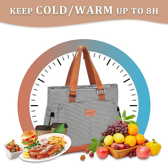 Large Women Lunch Bags for Work/Insulated Adult Lunch Box/Leakproof Cooler Lunch Tote Bag with Storage Pocket. Reusable Lunch Cooler Purse for Work Picnic Hiking 14L, Stripe