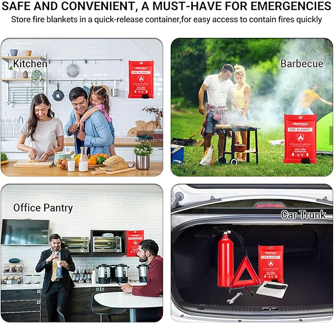 Heavy-Duty Emergency Fire Blanket, 2 Pack – Fireproof Fiberglass Blanket for Kitchen, Home, Car, Grill, Fireplace, Camping, Heat Shield, Grease Fires, Emergency Fire Suppression
