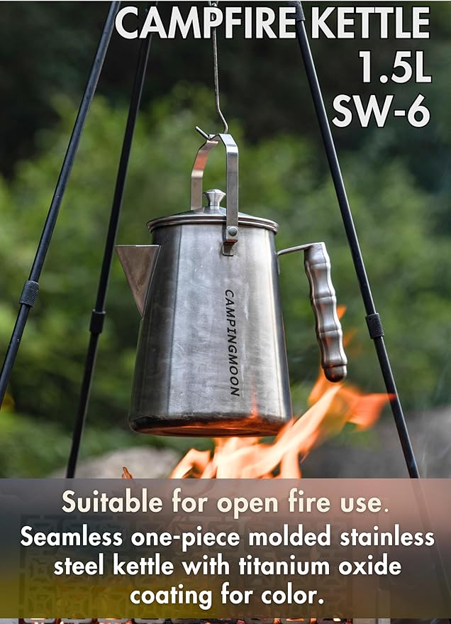 CAMPINGMOON 1.5L Campfire Kettle Stainless Steel Camping Coffee Pot Full capacity 1.86L SW-6