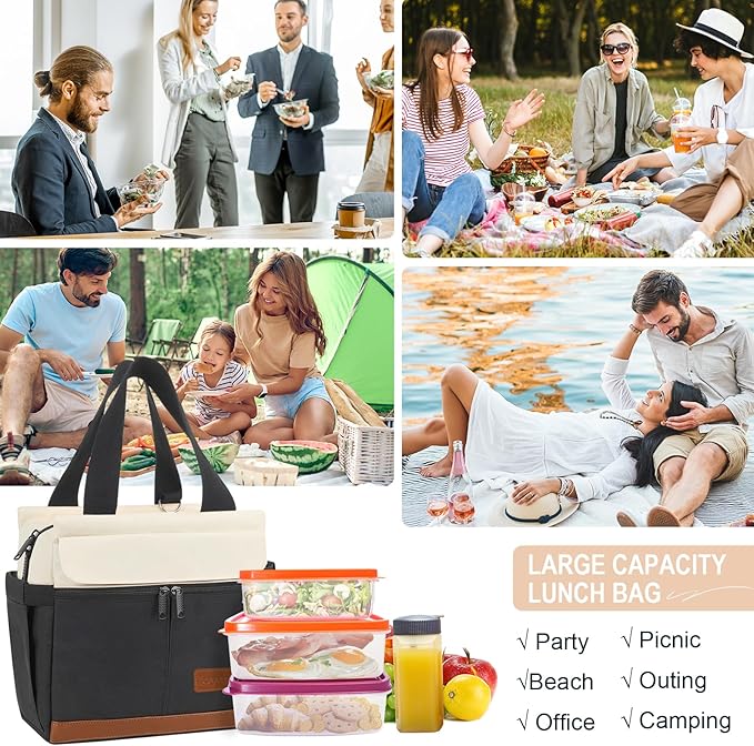 Joymee Lunch Box for Men Insulated Lunch Bag Women with Shoulder Strap Reusable Leakproof Large Spacious Lunch Cooler Tote for Women Adult with Bottle Holder and Side Pockets for Work - Black