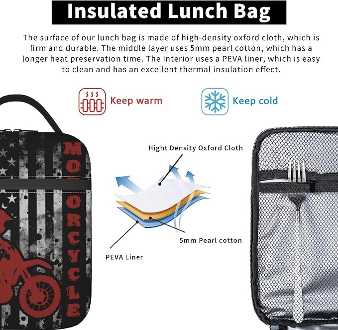 Motorcycle Lunch Bag Insulated Reusable Lunch Box Thermal Cooler Tote For Men Women Work Travel Picnic Hiking