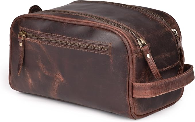 LEATHER VILLAGE Premium Leather Toiletry Travel Pouch With Waterproof Lining - Dark Brown | King-Size Handcrafted Vintage Dopp Kit Bag