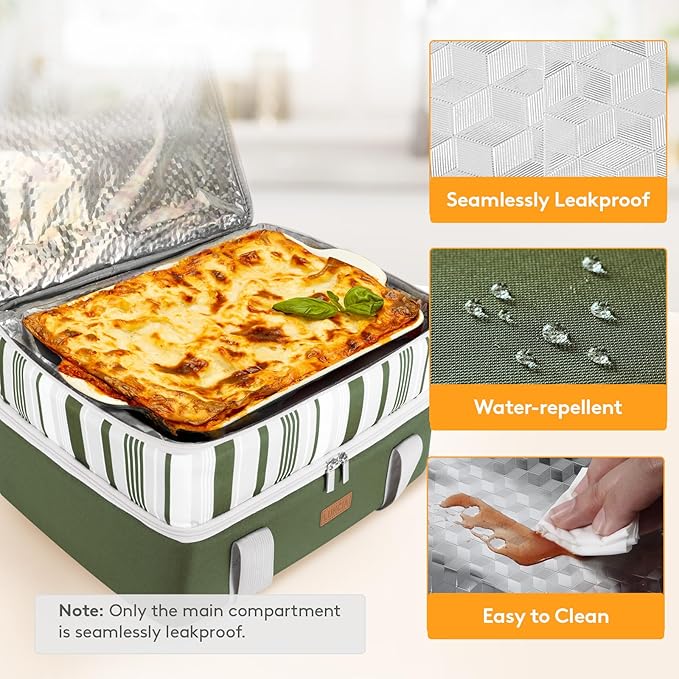 Double Decker Insulated Casserole Carrier for Hot or Cold Food, Lasagna Holder Tote for Potluck Parties/Picnic/Cookouts, Fits 9"x13" Baking Dish, Dark Green