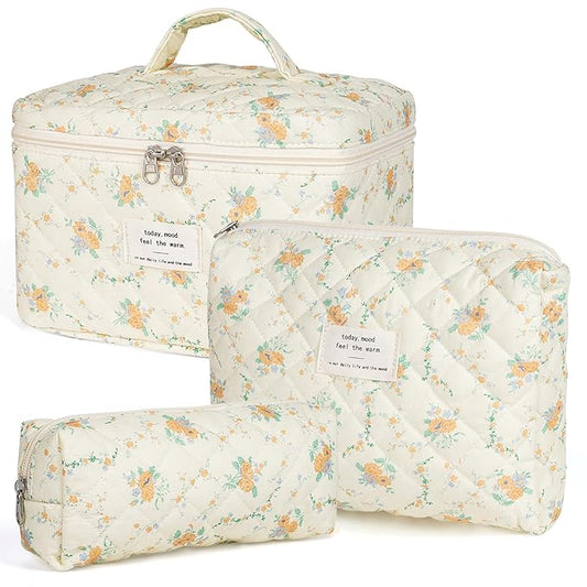 Makeup Bag,Quilted Cosmetic Bags,Large Floral Make Up Organize bag,Makeup Bag Set for Women,Flower Travel Toiletry Bag