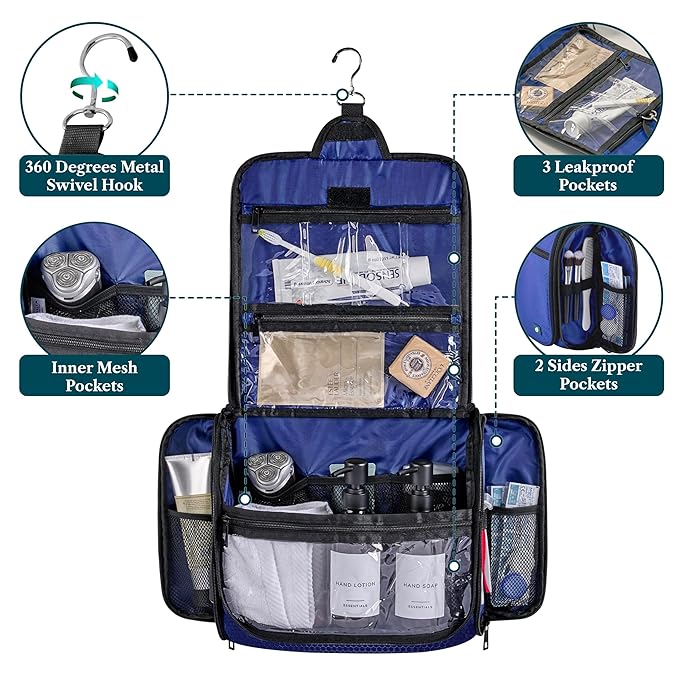 PAVILIA Large Hanging Toiletry Bag Travel Bag Women Men, Cosmetic Organizer, Water Resistant Makeup Bag Accessories Toiletries, Travel Essentials Kit, Royal Blue