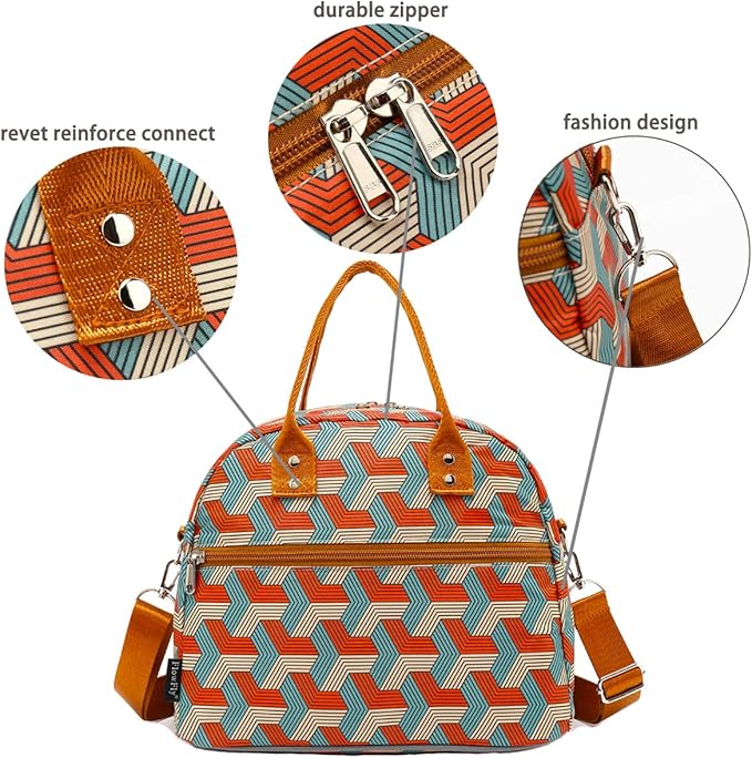 FlowFly Insulated Lunch Bag With Shoulder Strap for Women, Men, and Kids, Large and Reusable, Handle, Freezable Work and School Travel Tote and Meal Prep Organizer,Stereoscopic Red