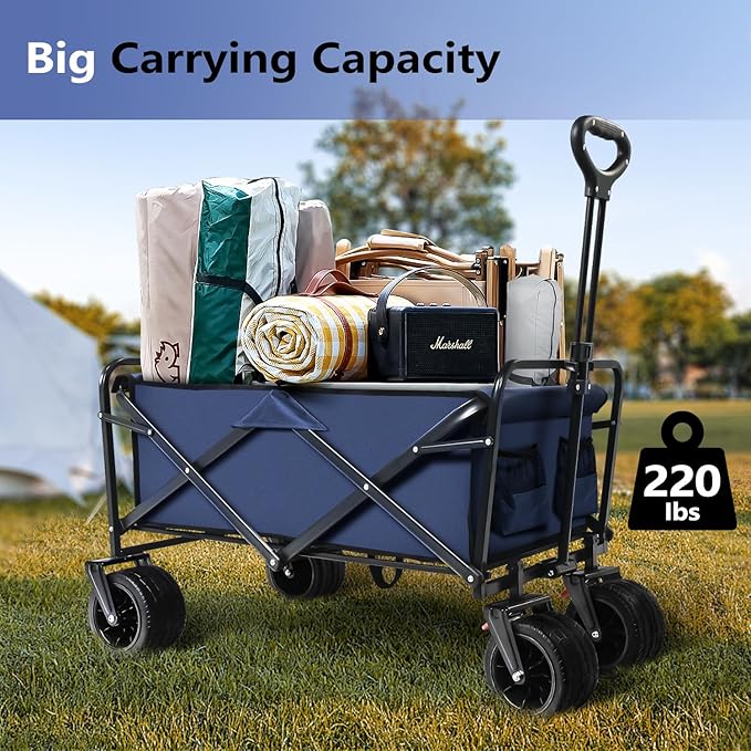 Large Collapsible Wagon Cart Heavy Duty Foldable, Large Capacity Foldable Grocery Beach Wagon for Camping Sports Shopping, Blue