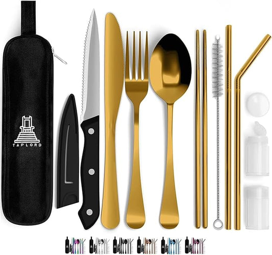 Portable Travel Silverware Set With Case, Includes 10 Pcs of Travel Utensils With Case, Stainless Steel Flatware Set For Camping, Lightweight (Gold)