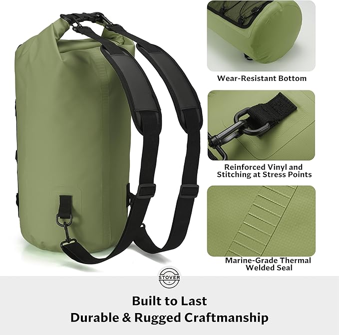 STOVER 5/10/25/30/40/55L Waterproof Dry Backpack- Medium Floating Dry Bag for Kayaking, Travel, Tubing, Hiking, Fishing, Camping, Motorcycles & Beach, Heavy Duty Roll Top Men/Women (Green)