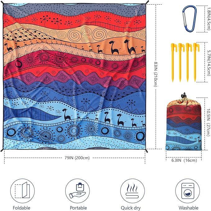 Beach Blanket Waterproof Sandproof Beach Mat 79" X 83" /10'x9'for 2-8 Adults Quick Drying Outdoor Picnic Mat Beach Accessories for Travel, Camping, Hiking