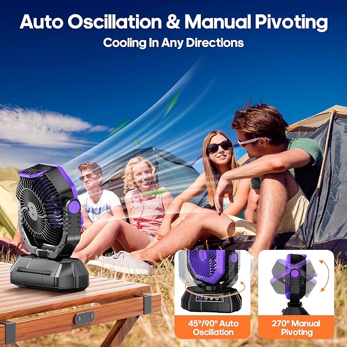 AJVV Camping Fan Rechargeable, Battery Powered Fan With Remote Controller, LED Light, Dual-Blade, Stepless Speed, 45°/90°/270° Swing,Timer, Portable fan For Travel/Tent/Beach/Fishing,Violet