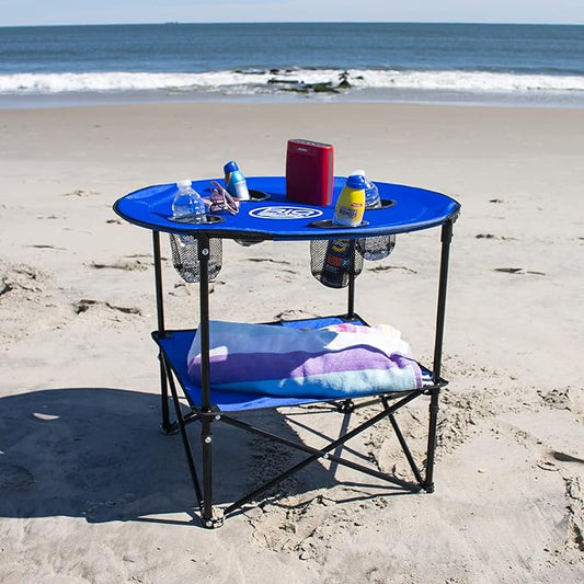 Rio Brands 28" Round Lightweight Fabric Portable Folding Beach Table with Cupholders, Blue