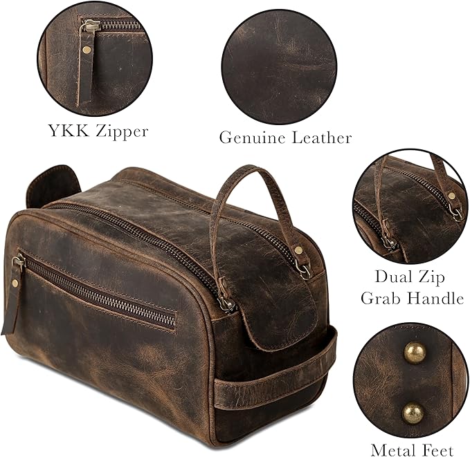 Premium Buffalo Leather Dopp Kit Toiletry Bag – Rustic Vintage Style Travel Organizer with Zipper Closure – Leather Shaving Bag for Men & Women and Spacious with Easy Carry Handle