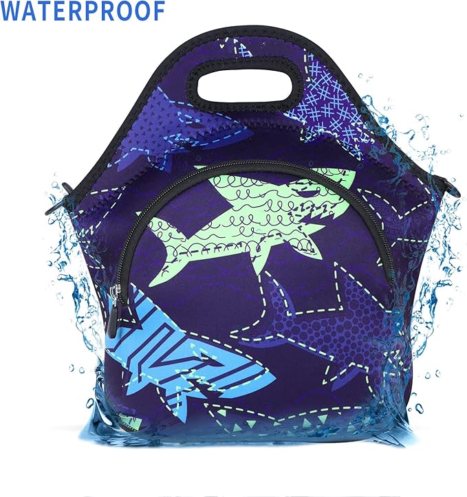 Violet Mist Shark 7 Inch Neoprene Lunch Bag, Reusable Insulated Food Carrier with Adjustable Shoulder Strap, 12.6 x 11.8 x 6.24 Inches