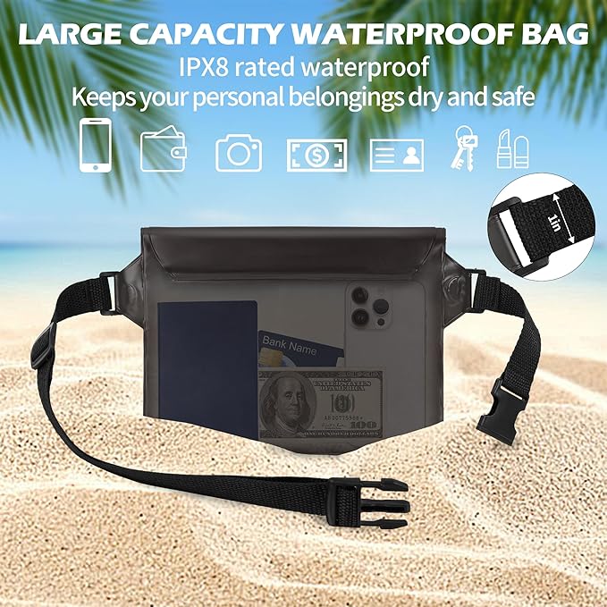 2-Pack Waterproof Pouch with Adjustable Waist Strap, Waterproof Dry Bag, Keeps Cell Phones and Valuables Safe and Dry, Perfect for Kayaking, Beach, Camping and Swimming (Black)