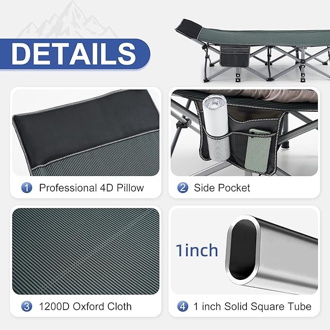 Camping Cot, Sleeping Cots for Adults, Portable Camping cots with Mattress, Pillow and Carry Bag, 1200D Double Layer Oxford, 600 LBS Weight Capacity Cots for Sleeping (Blue)
