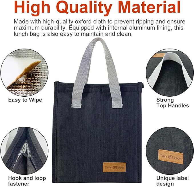 Mziart Minimalist Lunch Bag, Reusable Insulated Bag for Women Men Box Container Leakproof Simple Bento Tote Adults Cooler Work Office Picnic or Travel (Black) M23HK-LB-005-JJ