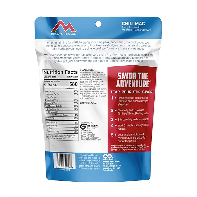 Mountain House Chili Mac Pro-Pak | Freeze Dried Backpacking & Camping Food | One Serving