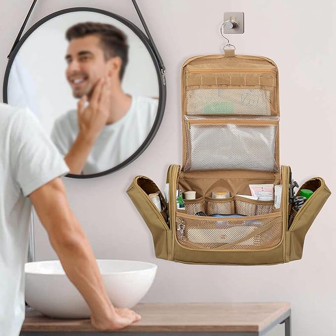 Tactical Toiletry Travel Bag for Men, Hanging Dopp Kit Hygiene Bag Shower Organizer with Hook for Toiletries and Shaving Care, Khaki (Empty Bag)