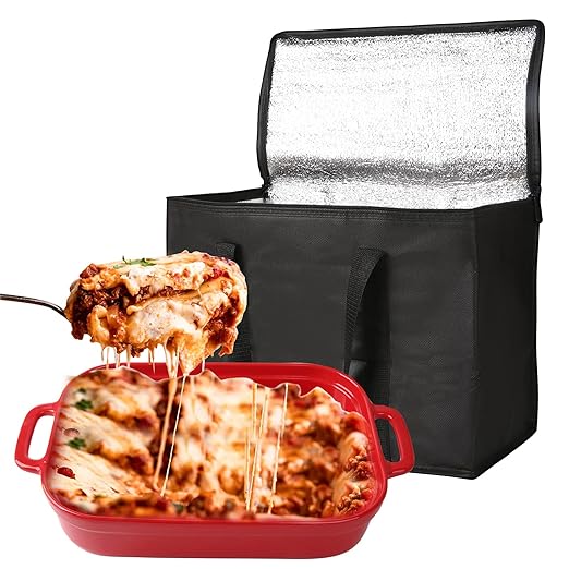 Casserole Carrier for Hot or Cold Food, Insulated Bag Lasagna Lugger Tote for Potluck Parties/Picnic/Cookouts, Fits 9"x13" Baking Dish Black Keep Food warmPans lid and Carrying case Container Heat