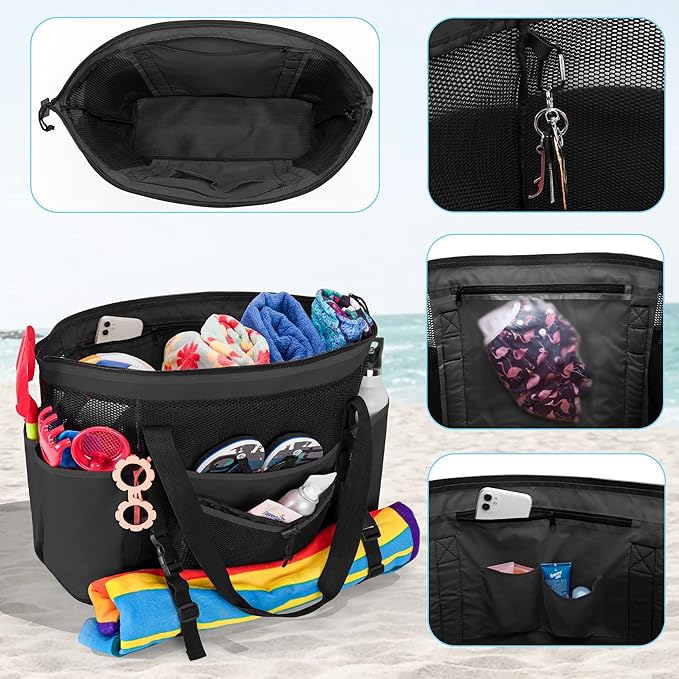 Fasrom Family Beach Tote Bag with Wet and Dry Separation Bundle with Drawstring Beach Bag Backpack with Waterproof Bag and Pocket