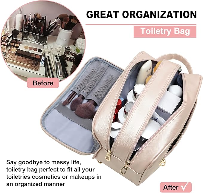 Travel Toiletry Bag for Women, Water-resistant Toiletry Organizer Dopp Kit, Dorm Room Essentials for Girls, Eco Leather Make Up Bag for Toiletries Accessories, Mother's Day Graduation Gifts for Her