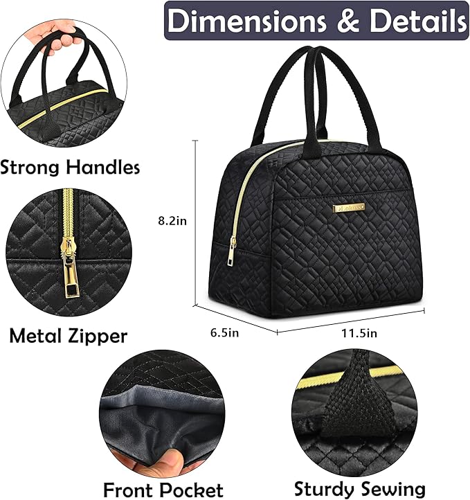 LOKASS Lunch Bag Women Insulated Lunch Box Thermal Lunch Tote Bags for Adults Work(Black-Embroidery)