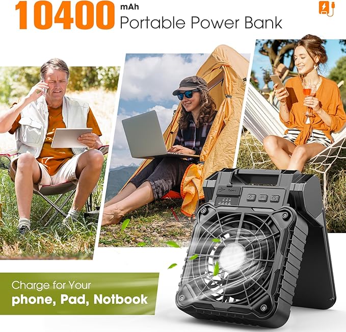 Solar Camping Fan with LED Lantern, 10400mAh 10W Solar Panel fan, Quiet Battery Operated Tent Fan for Picnic, Barbecue, Fishing, Travel