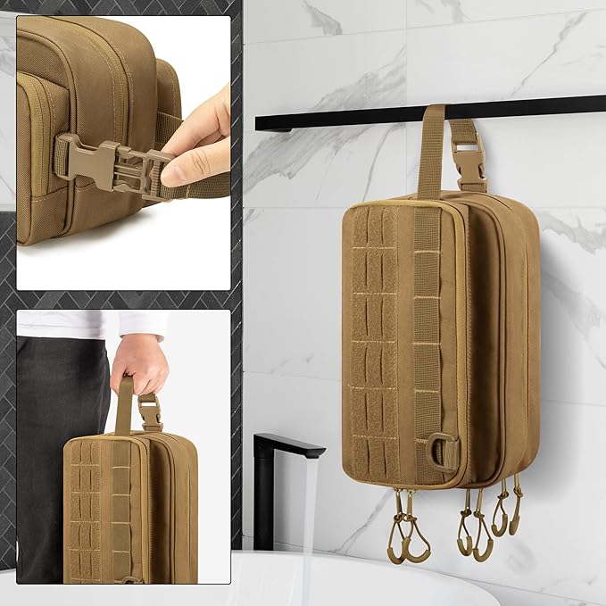 Tactical Toiletry Travel Bag for Men, Dopp Kit Shaving Organizer Case for Toiletries, Shower and Grooming Care Accessories, Khaki(Empty Bag Only, Patent Design)