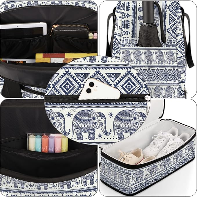 Bohemian Ethnic Elephant Foldable Travel Duffel Bag Tote Carry On Luggage Sports Gym Bag With Shoe Compartment For Woman Man Overnight Weekend Yoga Workout Bag Training Handbag