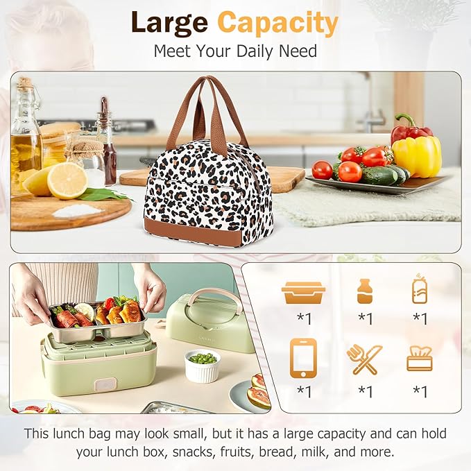 Lunch Box Lunch Bag for Women Men, Leakproof, Insulated Lunch Box Tote with Large Capacity, Lunch Container for Work/Office (Small Leopard Print)