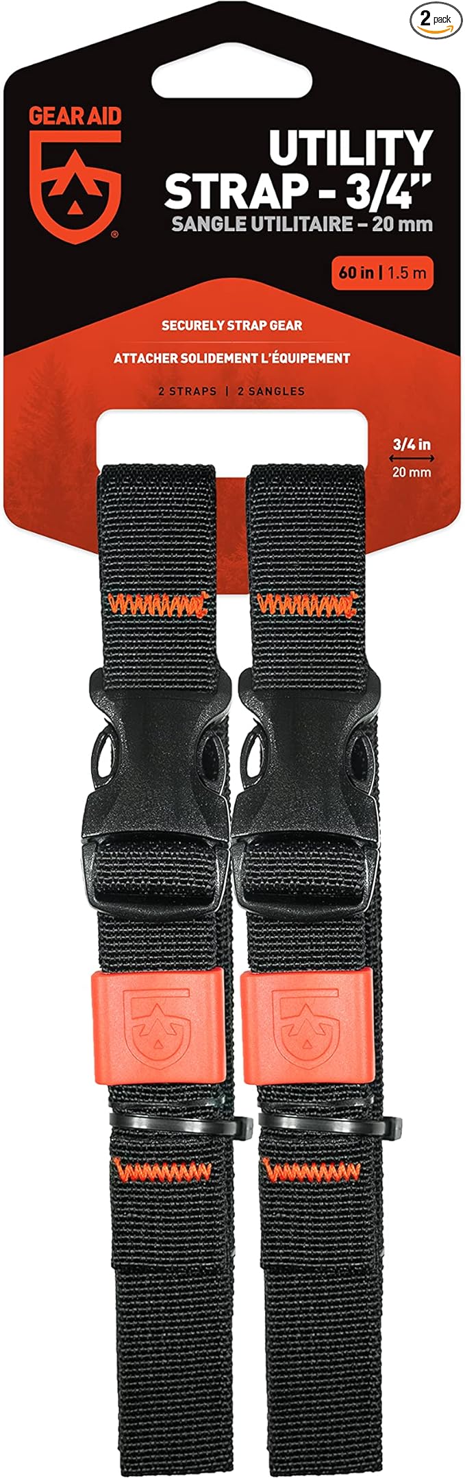 GEAR AID Utility Straps with Side-Release Buckle, Secure and Compress Camping, Biking, Hunting, Boating Gear, Multiple Sizes