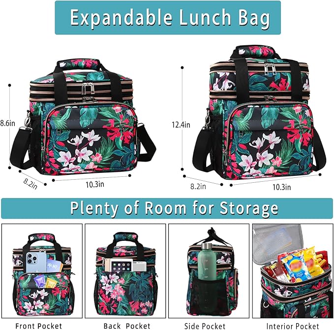 GLENKEY Expandable Lightweight Insulated Lunch Box for Women, Double Deck Large Lunch Bag Leakproof Soft Cooler Bags with Shoulder Strap for Adults Work Office Flight Beach Travel, Floral, 16L
