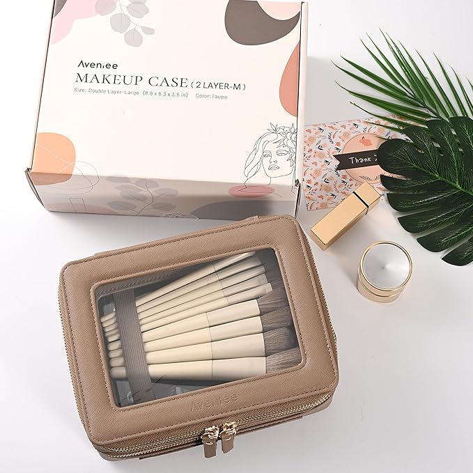 Aveniee Large Clear Makeup Bags, Double Layer Cosmetic Bags with Separate Brush Compartment, Travel Toiletry Bag Cosmetic Train Case, Travel Accessories Organizer for Women(2 Layers, Brown)