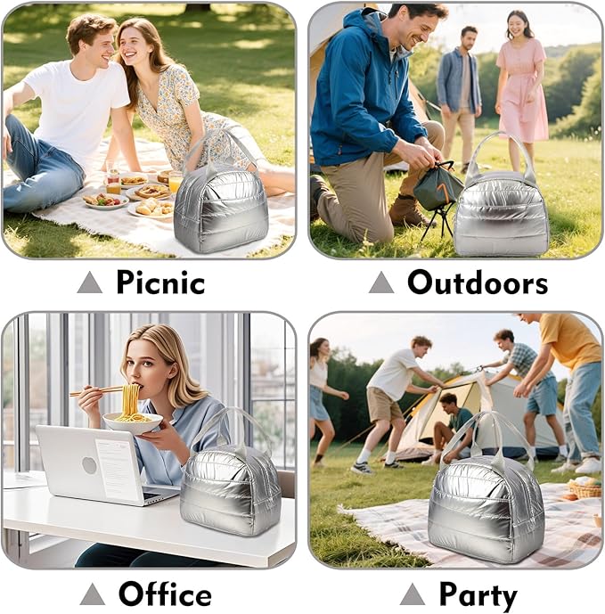 Lunch Bag Lunch Box for Women Men Adult Insulated Cute Small Quilted Puffer Lunchbox Reusable Thermal Lunch Cooler Tote Bag for Work, Picnic or Travel-Silver