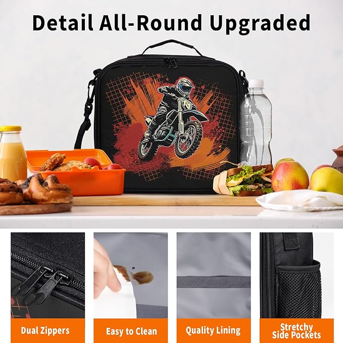 Doodle Motorcycle Lunch Bag Dirt Bike Lunch Boxes for Women/Man Office Work Travel, School, Work, Picnic, Durable Reusable Insulated Large Lunch Tote Bag with Adjustable Shoulder Strap